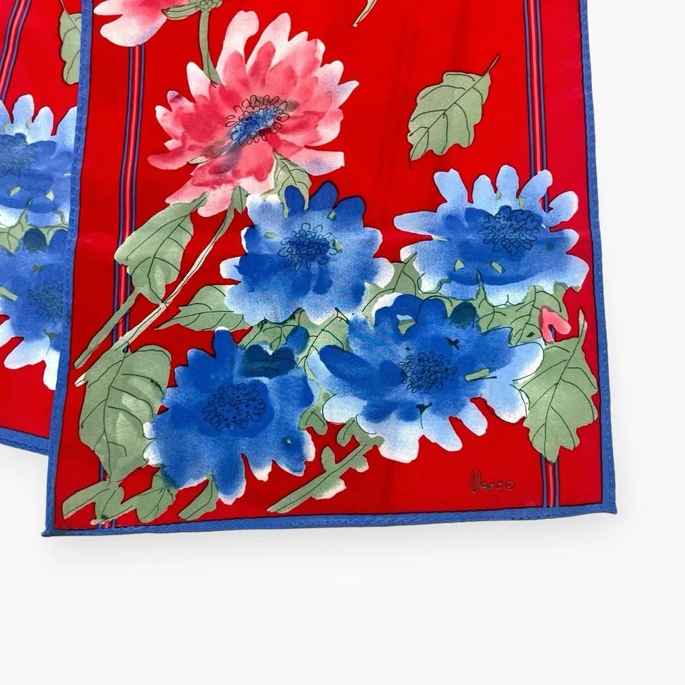 Vintage Vera Neumann Silk Scarf Floral Red Blue Rectangle Oblong 46